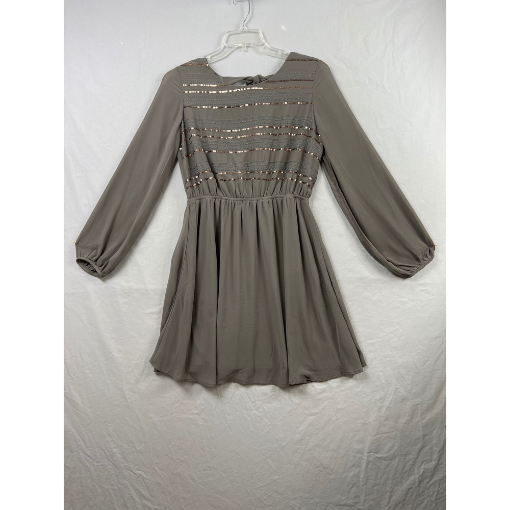YA Los Angeles Sequin Mini Dress Women Large Gray Open Back Tie Long Sleeve Boho